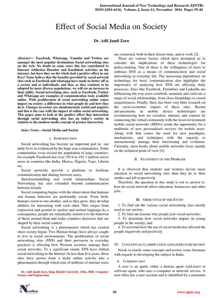 Impact of Social Media on Society | PDF | Computer Network | Social Science