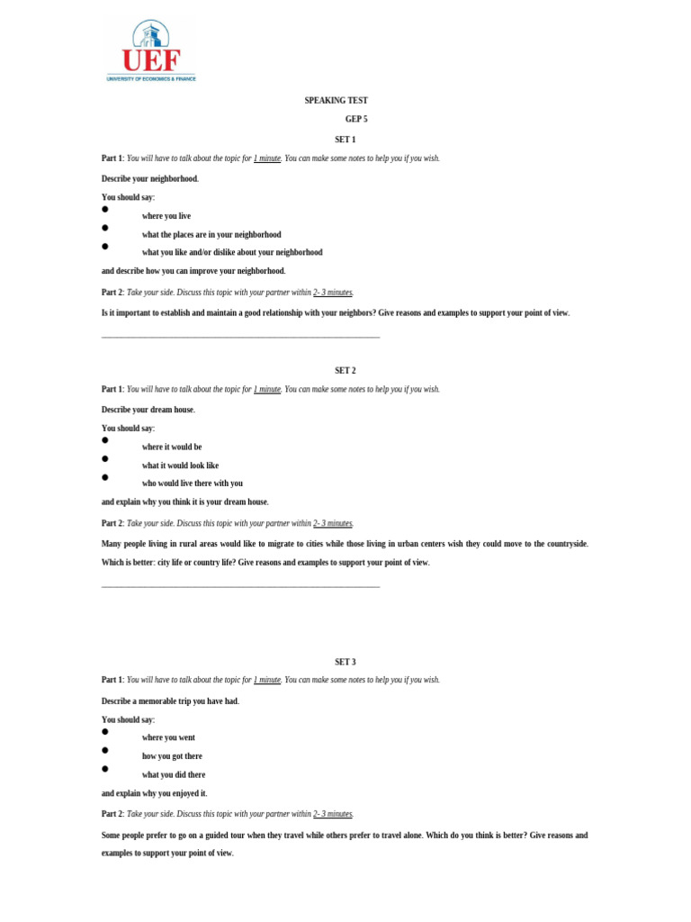 Speaking Test Question Sets | PDF