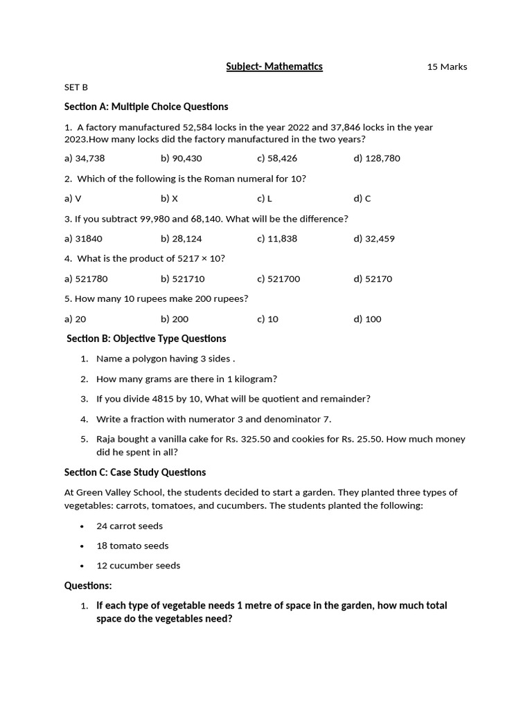 Maths admission test class 4 set b pdf teaching methods materials