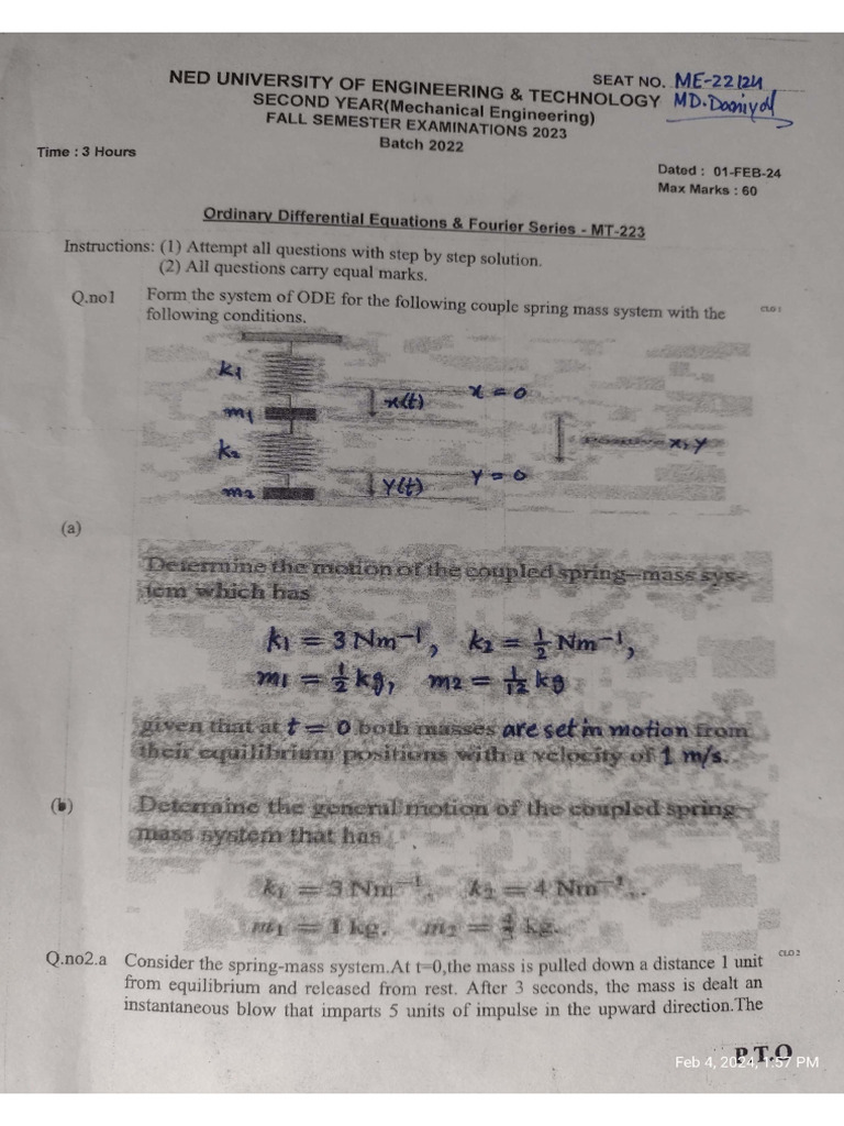 3rd Semester Finals (2024) Batch 2022 Mechanical | PDF