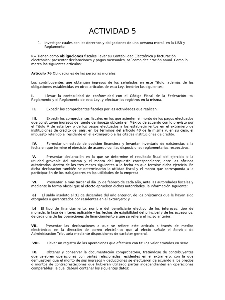 Obligaciones y Derechos de Las Personas Morales Lisr | PDF