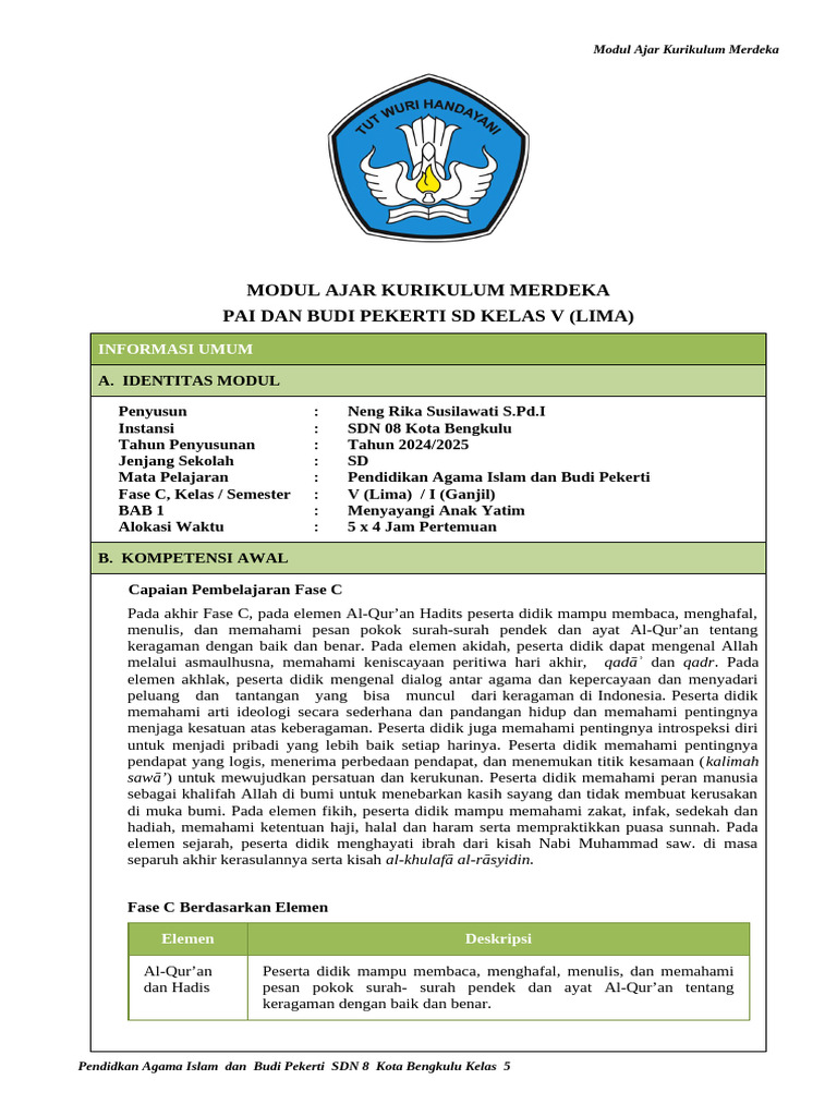 Modul Ajar Kelas 5 Bab 1 | PDF