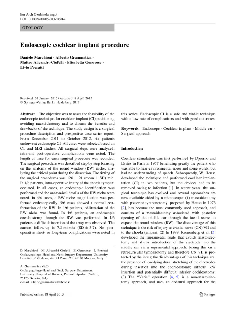 Endoscopic Cochlear Implant Procedure | PDF