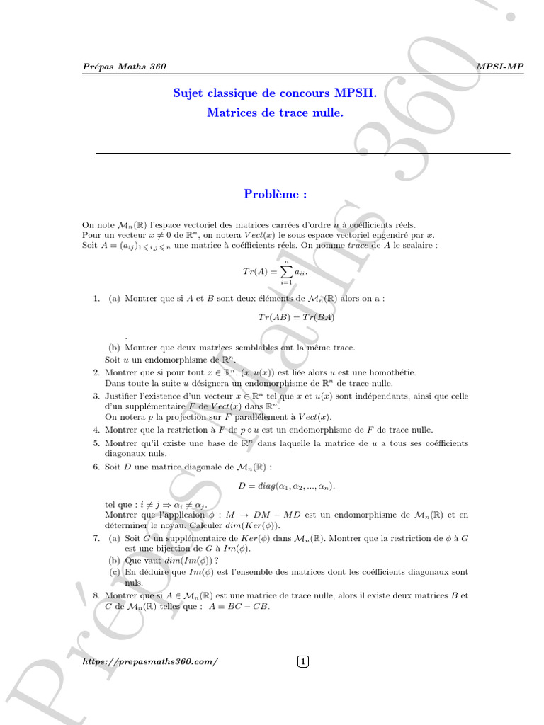 Prob Mpsi Matrices Trace Nulle 1 | PDF