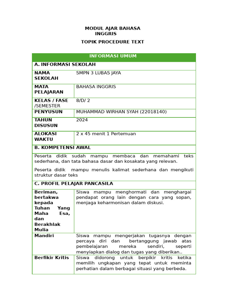 Modul Ajar Procedure Text Muhammad Wirhan Syah (22018140) | PDF