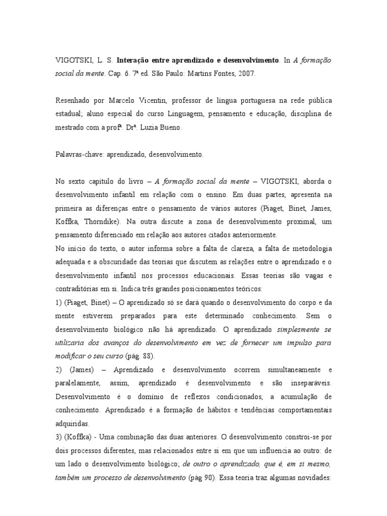 Aprendizado e Desenvolvimento na Visão de Vigotski | PDF | Aprendizado ...