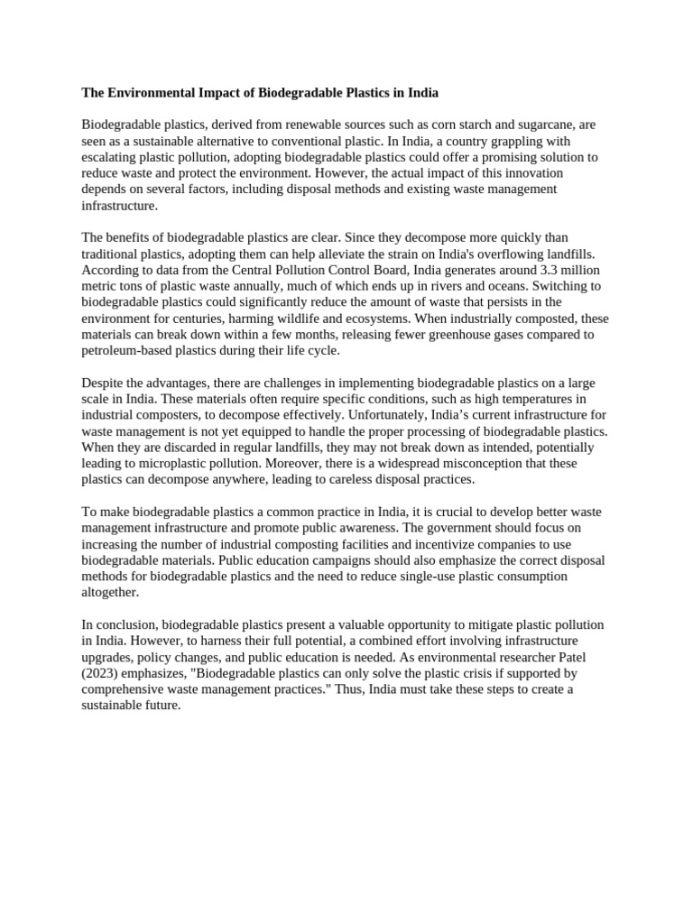 The Environmental Impact of Biodegradable Plastics in India | PDF ...