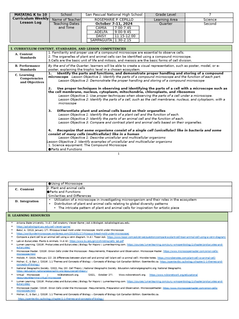 Grade 7 Science Lesson Log: Cells & Microscopes | PDF | Cell (Biology ...