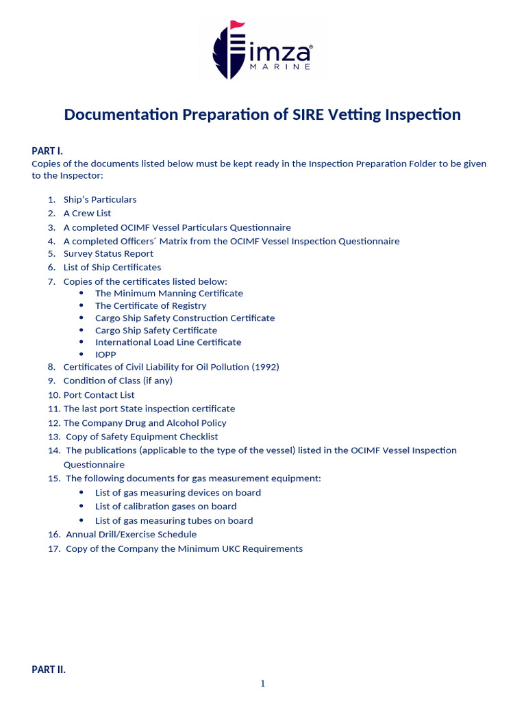 SIRE Vetting Inspection Document Checklist | PDF | Ships | Law