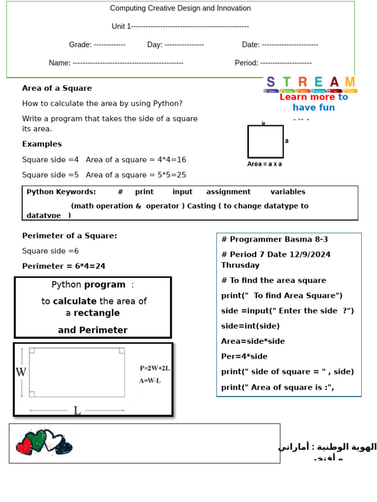 Area of A Square-Python Worksheet | PDF