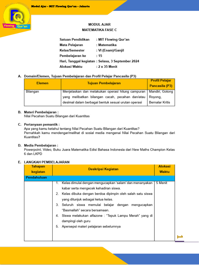 Modul Ajar Matematika Kelas 6 Bulan September 2024 | PDF