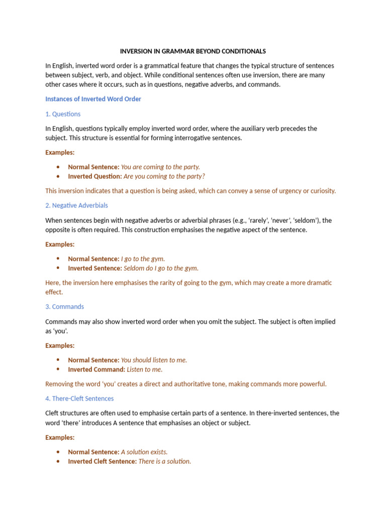 Inversion in Grammar Beyond Conditionals | PDF | Question | Subject ...