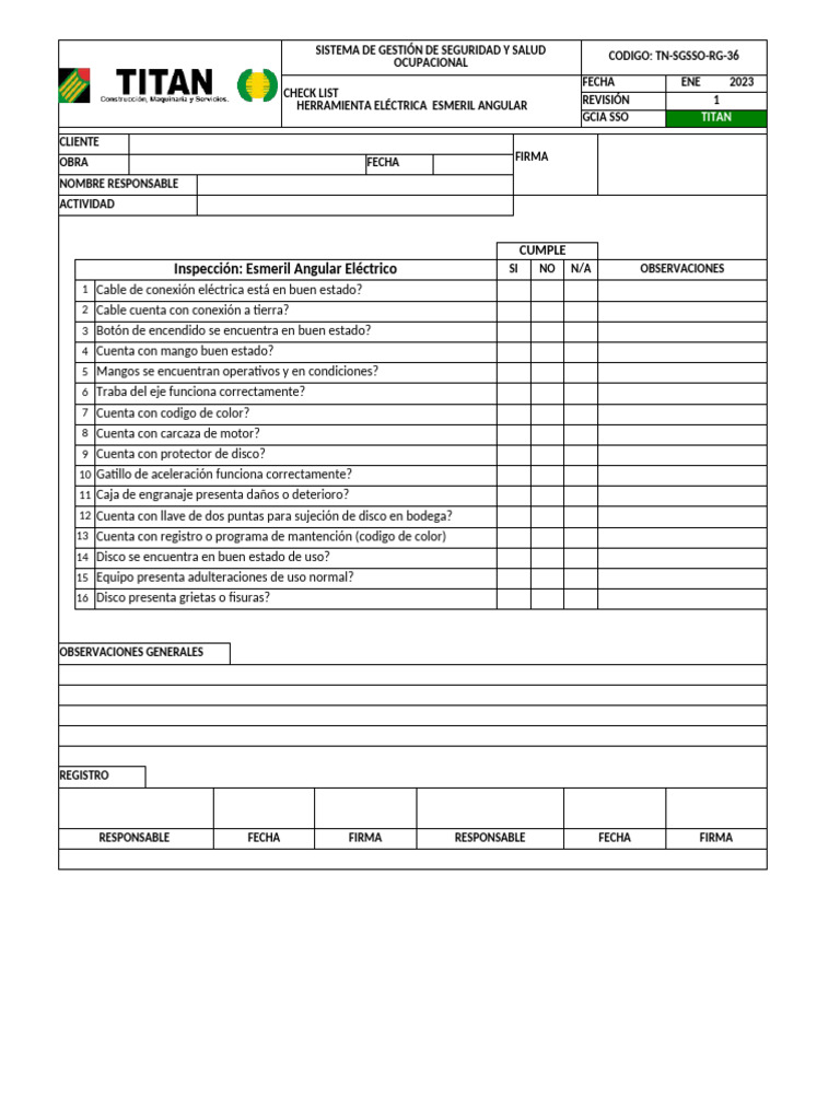 Tn-Sgsso-Rg-36-Check List Herramientas Electricas Esmeril Angular | PDF