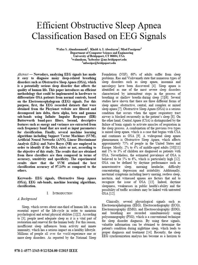 Efficient Obstructive Sleep Apnea Classification Based On EEG Signals | PDF