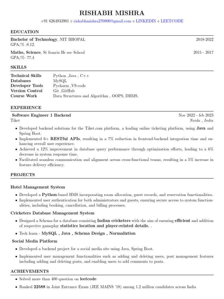 Rishabh Mishra: Software Engineer Resume | PDF | Databases | Computers