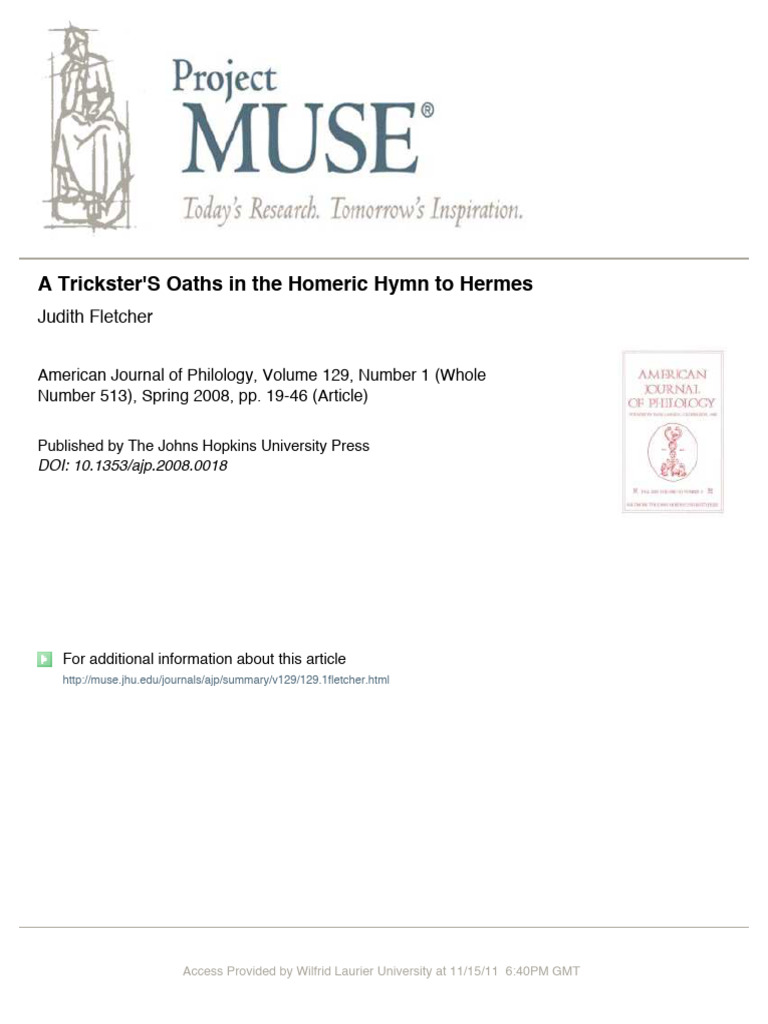 A Tricksters Oath in The Homeric Hymn To | PDF