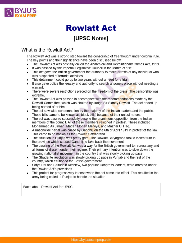 Rowlatt Act Upsc Notes 40 | PDF