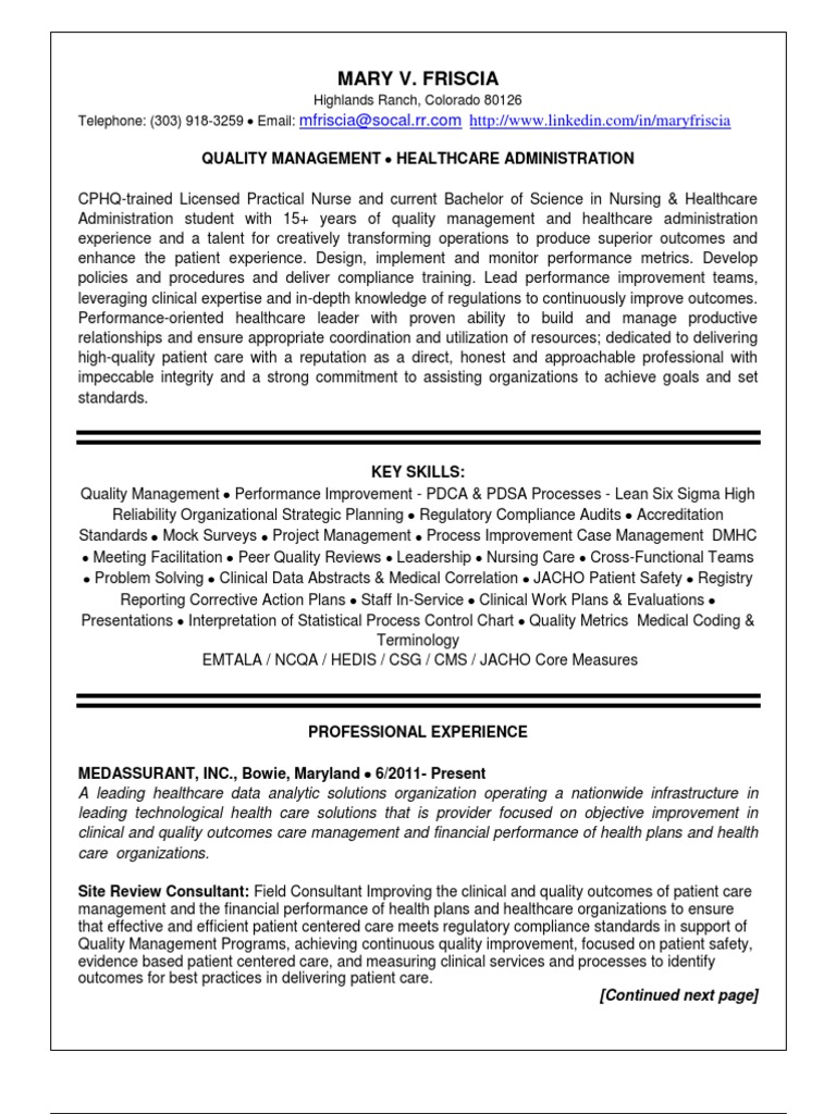 Healthcare Quality Management Regulatory Compliance Coordinator in Denver CO Resume Mary Friscia
