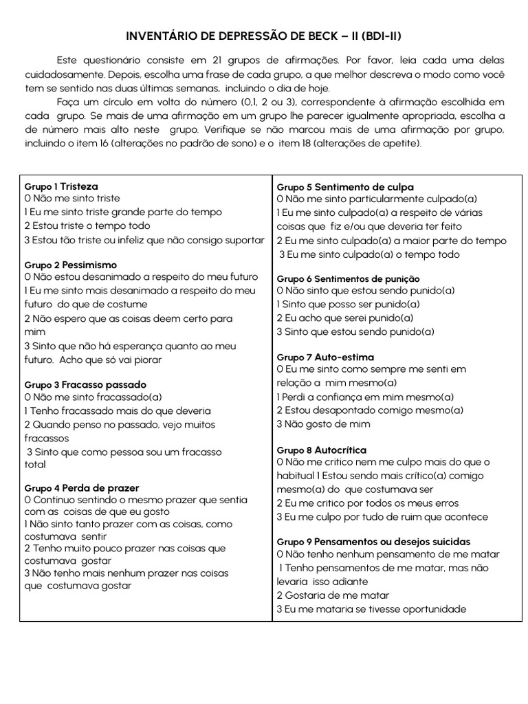 Escala de Depressão de Beck BDI II | PDF