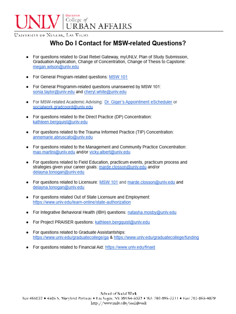 Current Students - Who Do I Contact For MSW-related Questions | PDF