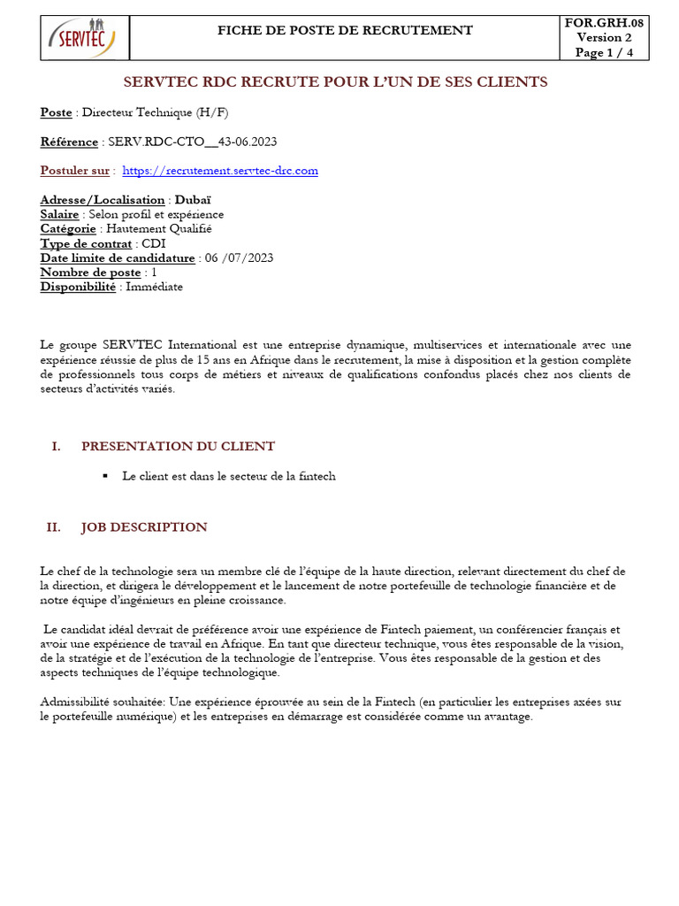 Fiche de Poste Directeur Technique HF - Servtec RDC | PDF