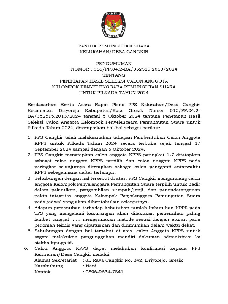1 Pengmumn Penetapan KPPS (1) - 1 | PDF
