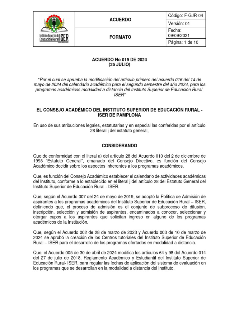 Acuerdo 019 de 25 de Julio de 2024 Modificacion Calendario Distancia ...