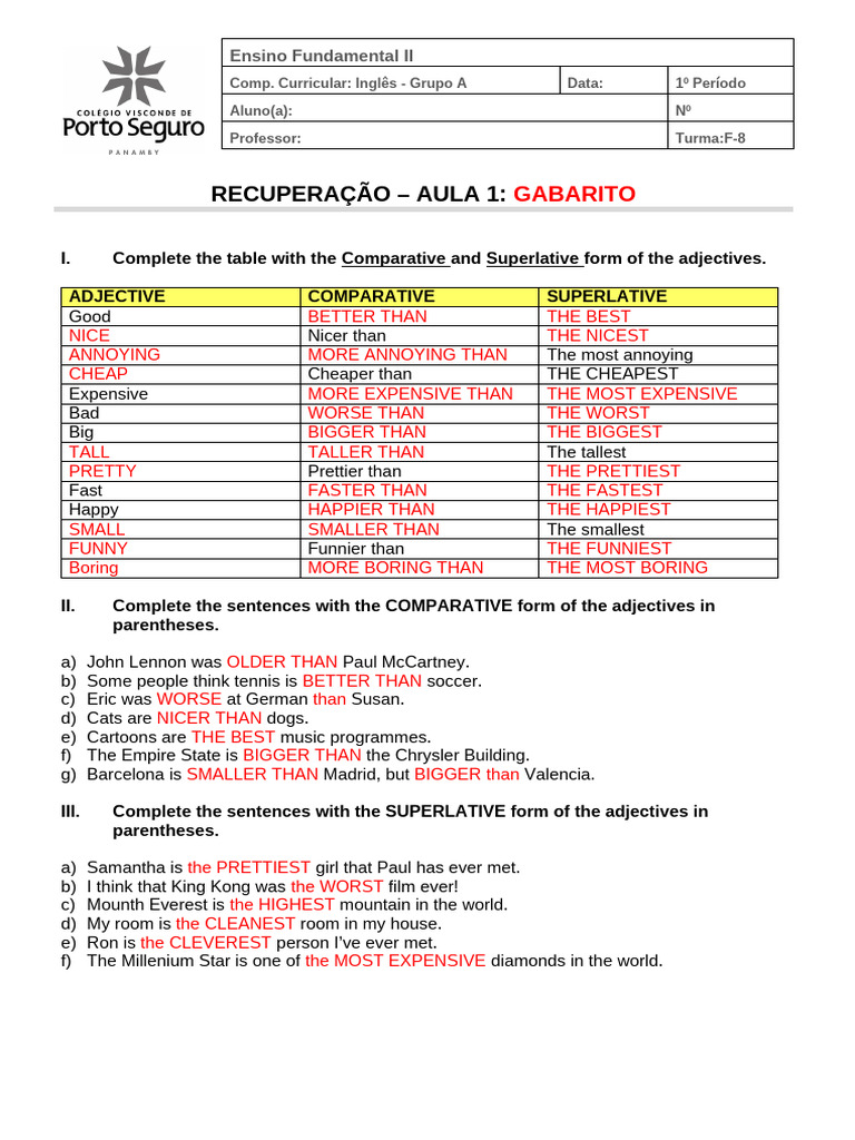 Aula de Rec 8º Ano A - Aula 1 - Gabarito | PDF