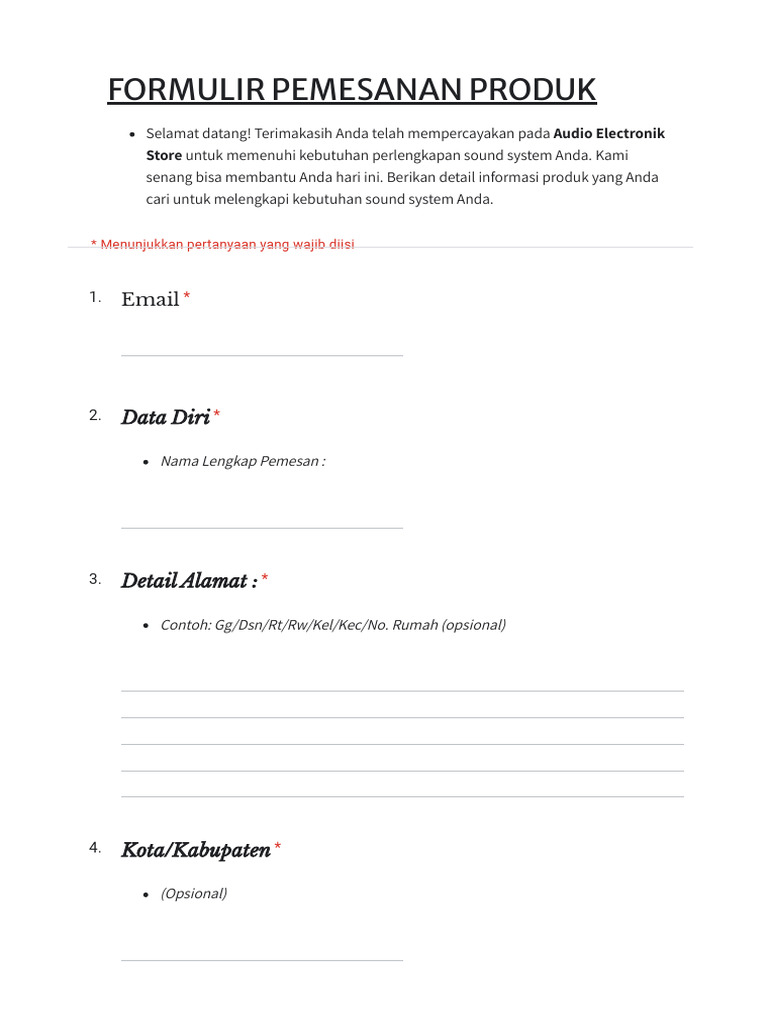 Formulir Pemesanan Sound System Audio | PDF