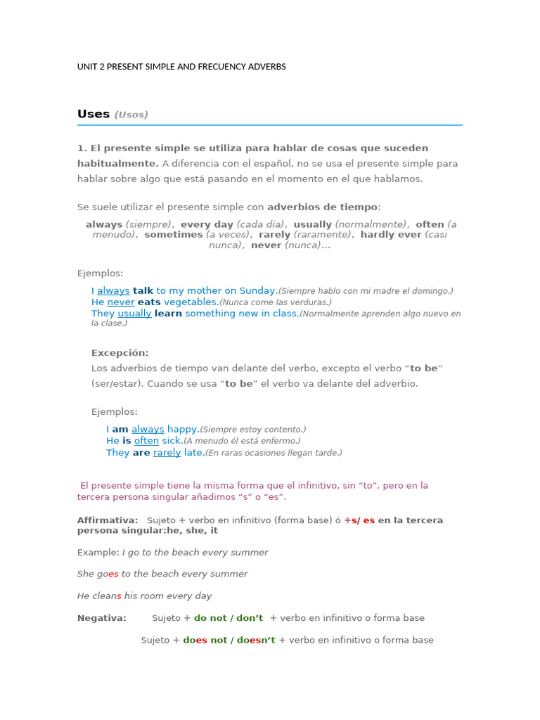 Presente Simple y Adverbios de Frecuencia | PDF | Sintaxis | Unidades ...