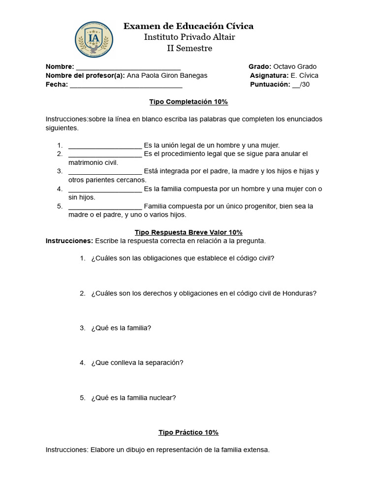 Examen de Educación Cívica - Octavo Grado | PDF | Política