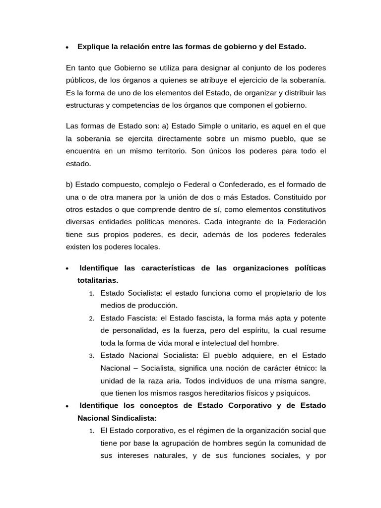 Explique la relación entre las formas de gobierno y del Estado | PDF