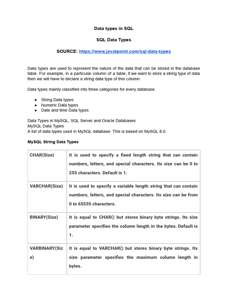 Data Types In Sql Pdf