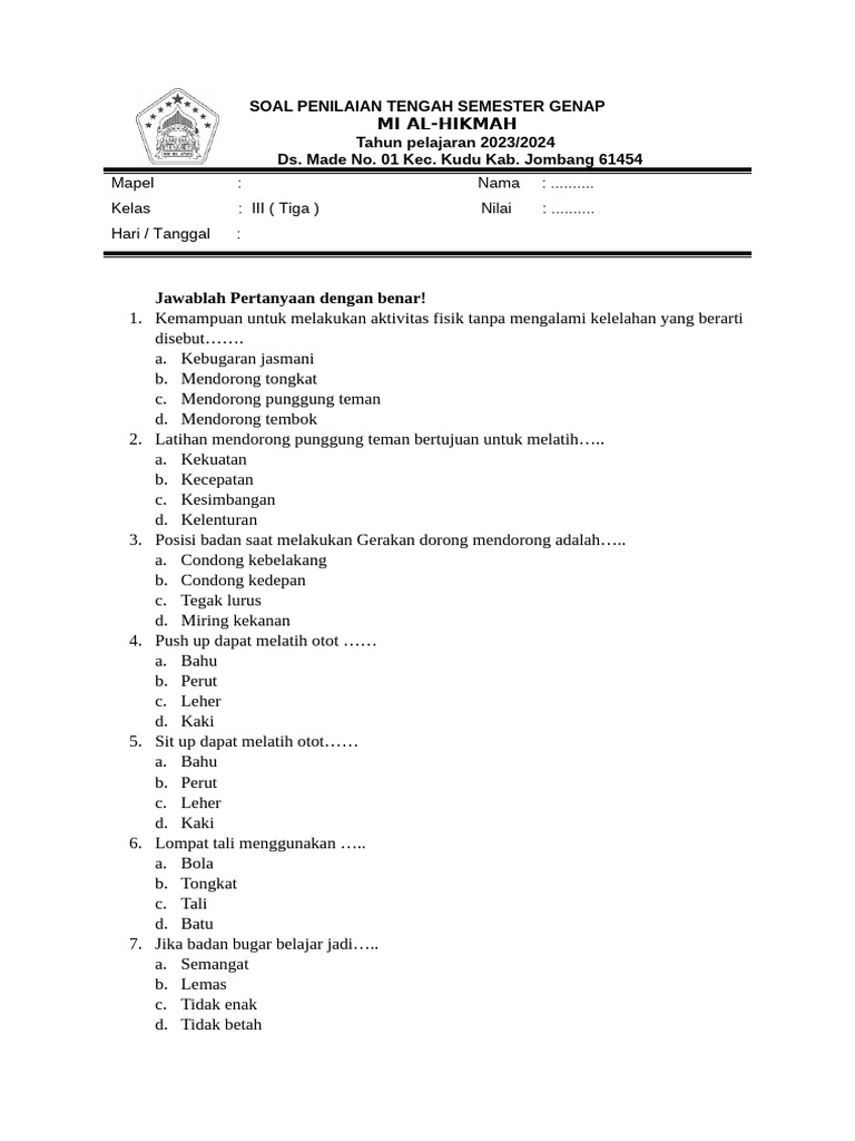 Kelas 3 Soal Penilaian Tengah Semester Genap Pdf