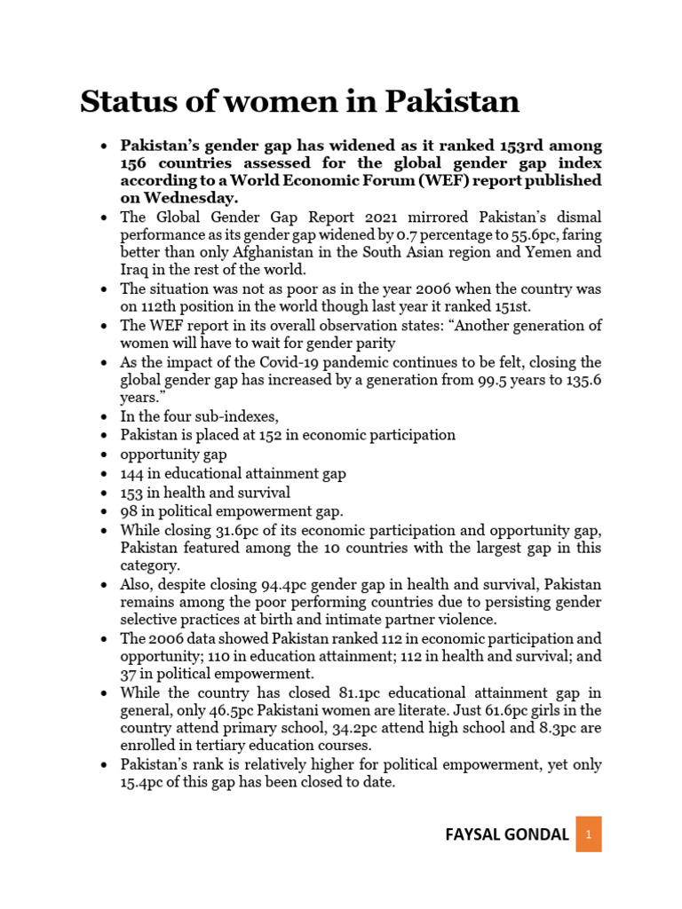Gender Gap Status in Pakistan 2021 | PDF | Gender Pay Gap | Labour ...