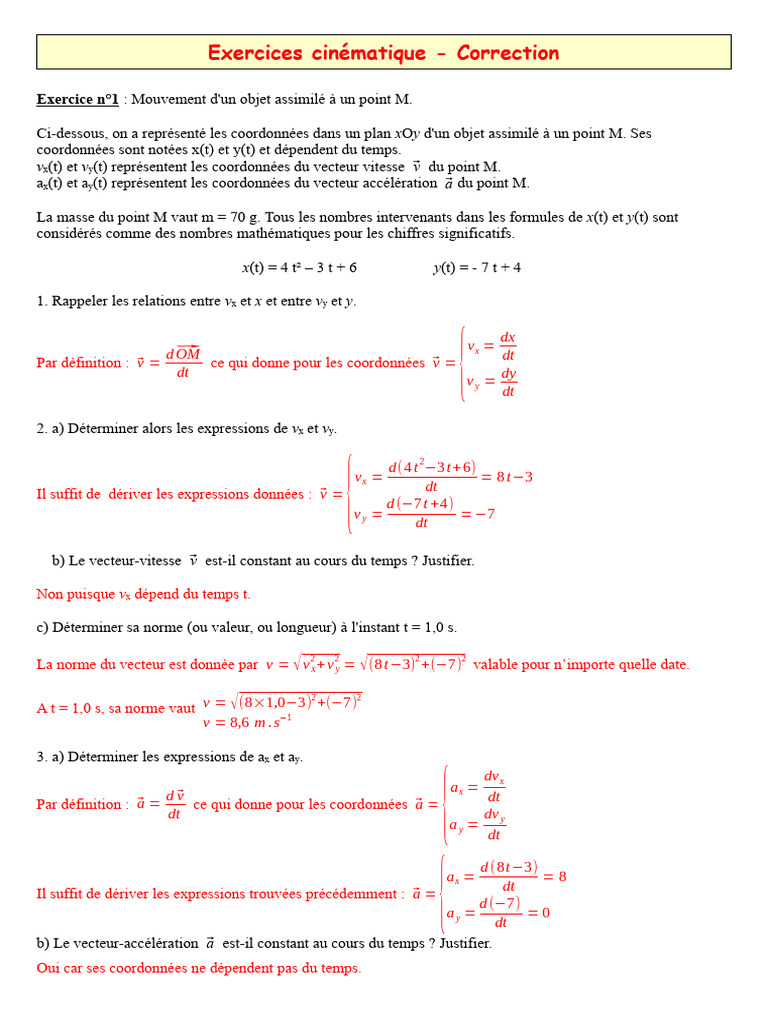Exercices cinématique - Correction | PDF