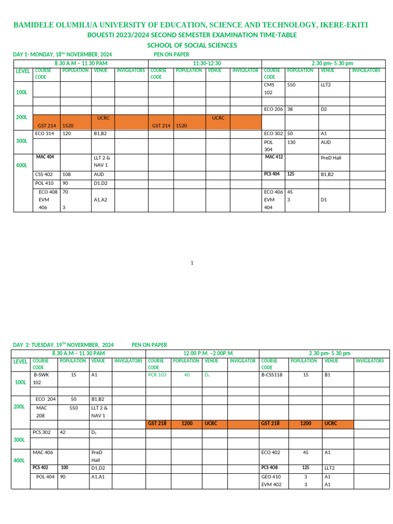BOUESTI 2023/2024 Exam Timetable | PDF