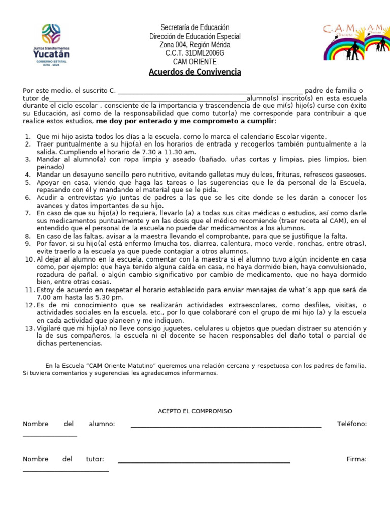 Acuerdos de Convivencia de Padres de Familia o Tutores | PDF