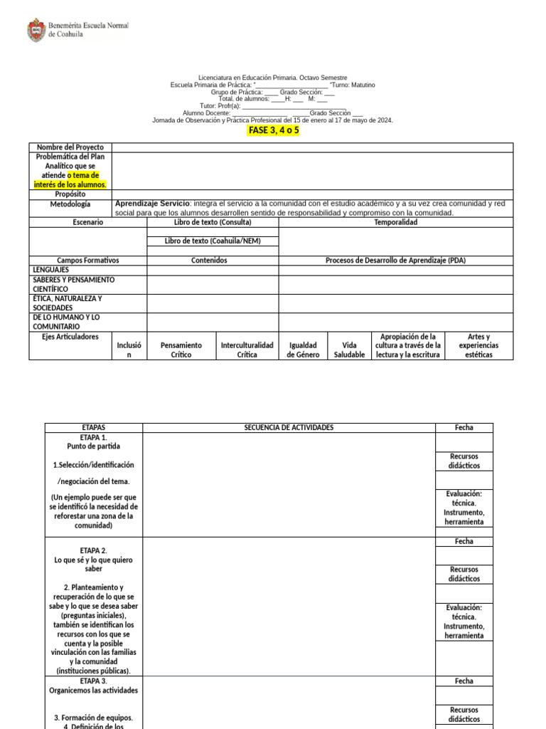 4.aprendizaje Servicio. Formato de Planeación. Plan de Estudios 2022 | PDF