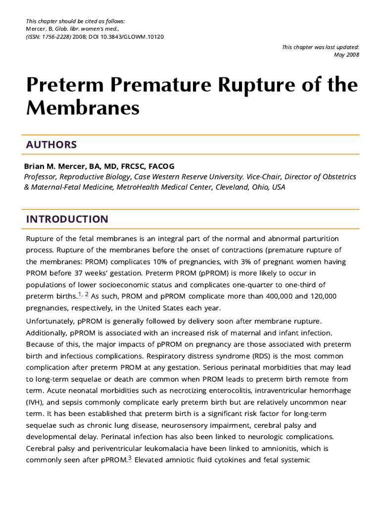 Preterm Premature Rupture of Membranes Guide | PDF | Preterm Birth ...
