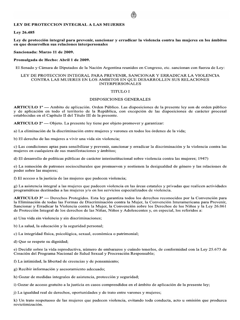 Ley de Proteccion Integral A Las Mujeres 26485 | PDF