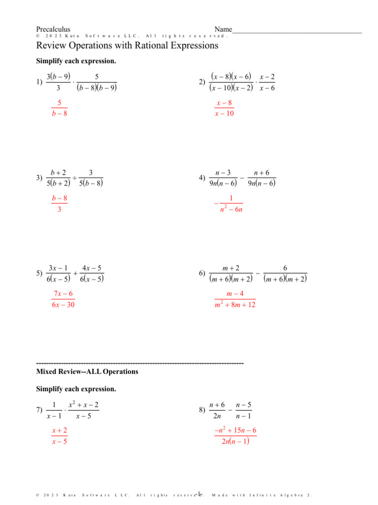 Review Operations With Rational Expressions Key Pdf
