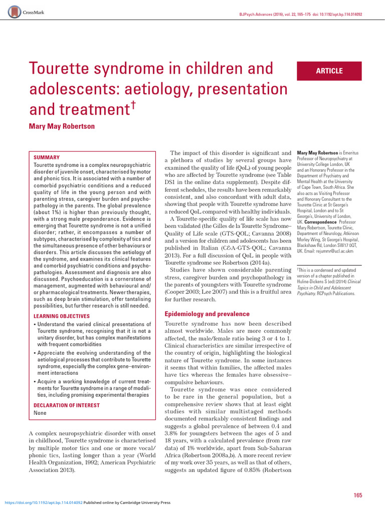 Tourette Syndrome in Children and Adolescents Aetiology Presentation ...