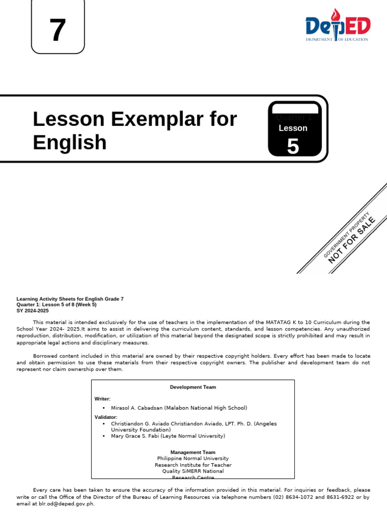 Q1 - LE - English 7 - Lesson 5 - Week 5 Matatag | PDF