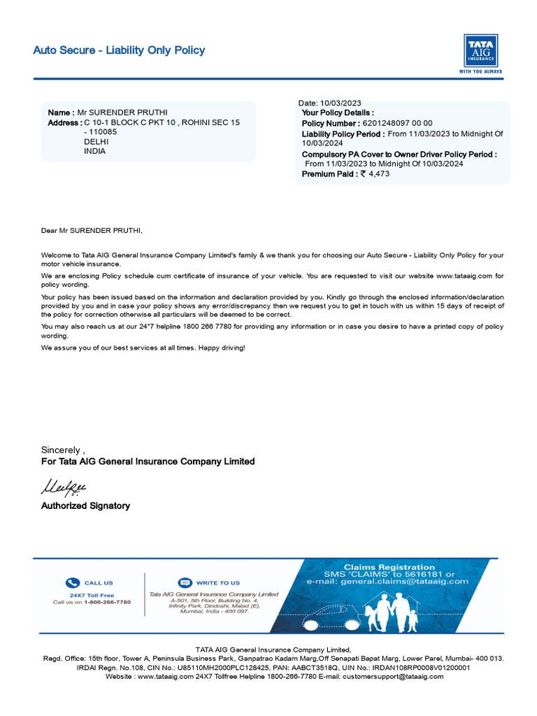 Tata AIG Motor Policy Schedule - 3184 - 6201248097-00 | PDF