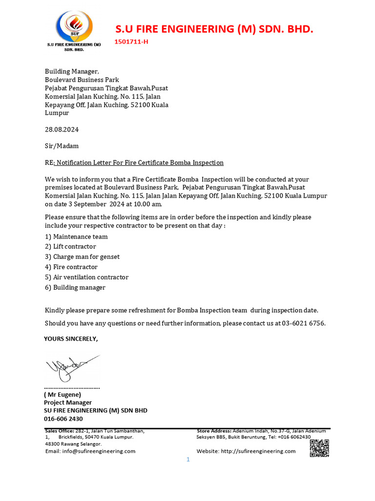 Letter Notification For Bomba Inspection 030924 | PDF