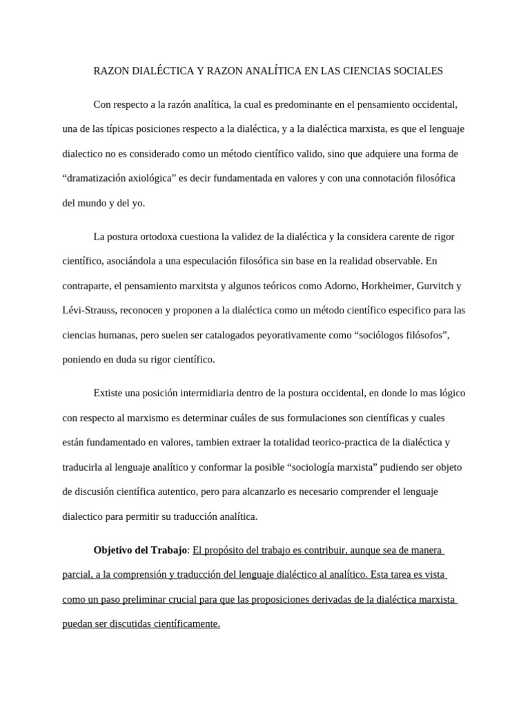 Razon Dialéctica y Razon Analítica en Las Ciencias Sociales | PDF