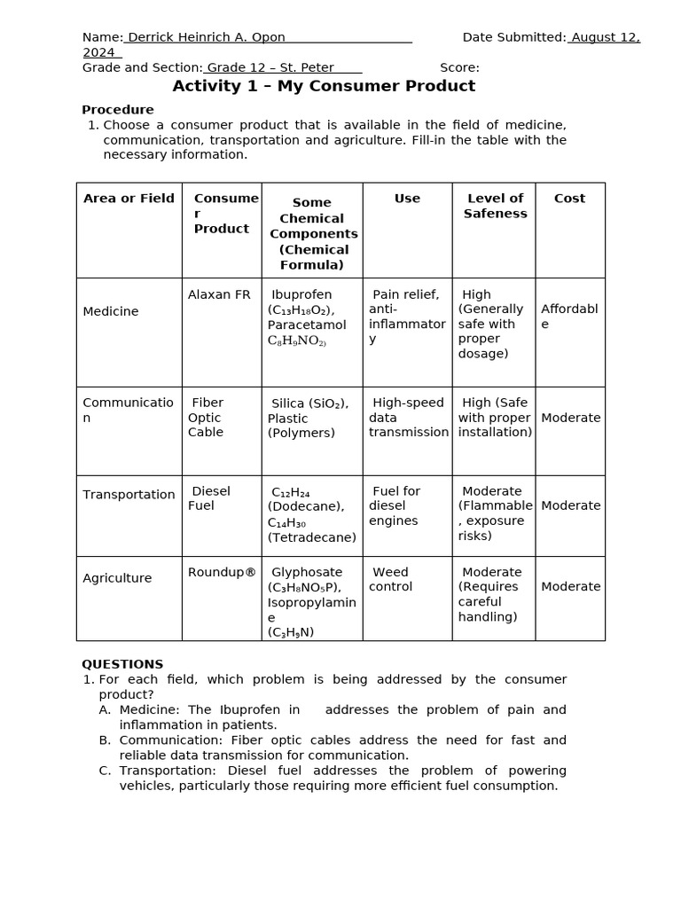 Activity 1 My Consumer Products - Aug 12 | PDF