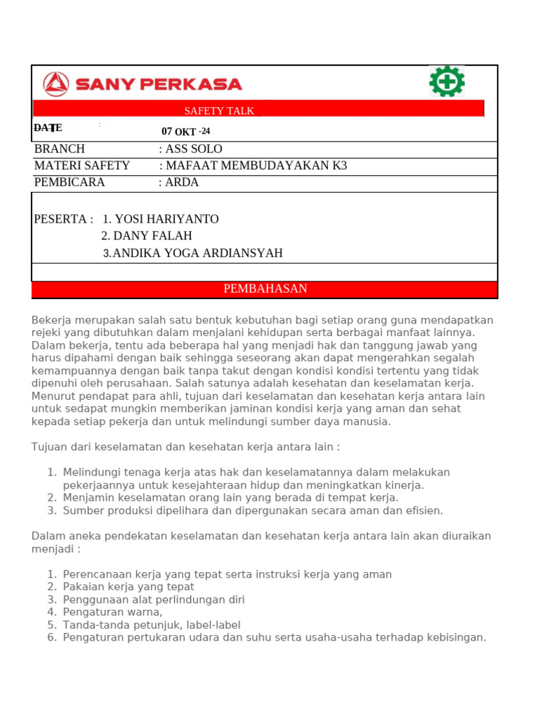 Safety Talk 7 Oktober Branch Solo | PDF