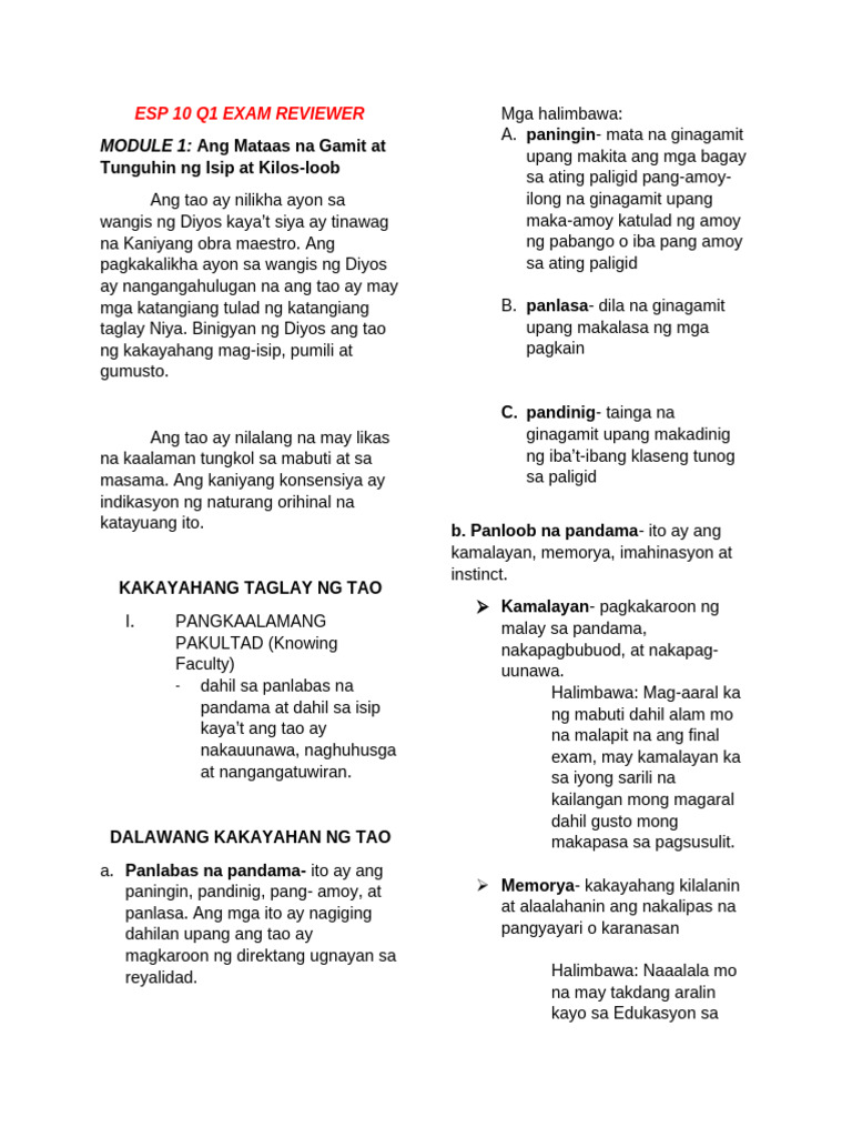 Esp 10 Q1 Exam Reviewer | PDF